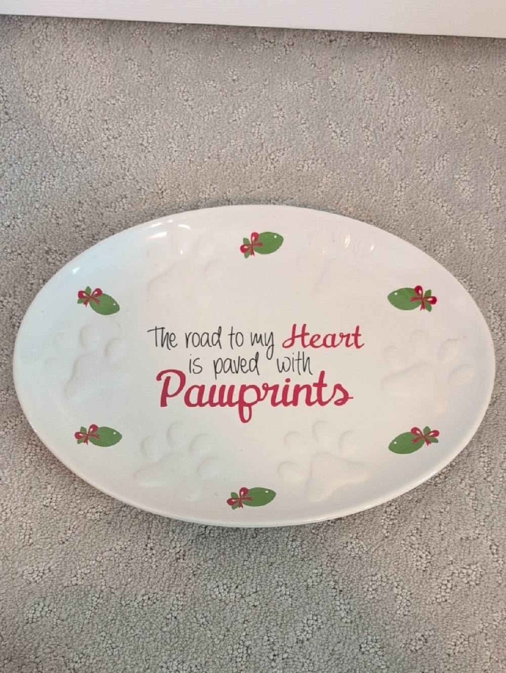 Dog Pawprints Oval Decorative Plate - White with Red & Green